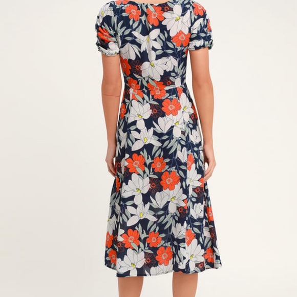 Lulus Pretty Poppies Navy Blue Floral Print Sheer Midi Dress EUC Size - S - Picture 4 of 13